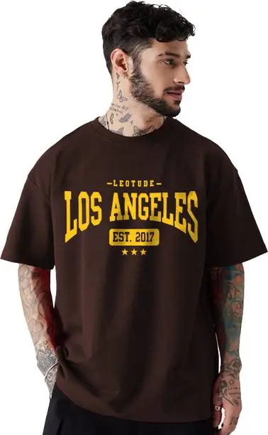 Men Printed Round Neck Cotton Blend Brown T-Shirt