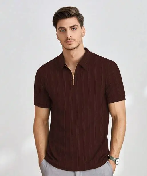 Men Self Design Polo Neck Polyester Brown T-Shirt