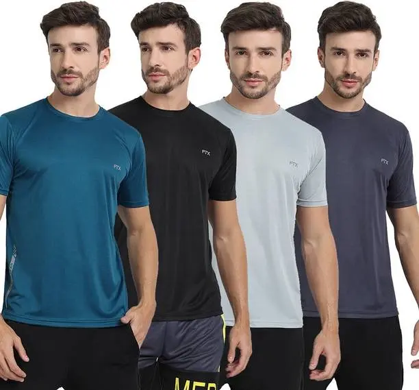Pack of 4 Men Solid Round Neck Polyester Silver, Blue, Black, Grey T-Shirt