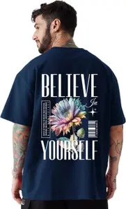 Men Printed Round Neck Cotton Blend Navy Blue T-Shirt
