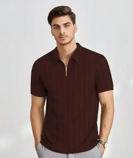 Men Self Design Polo Neck Polyester Brown T-Shirt