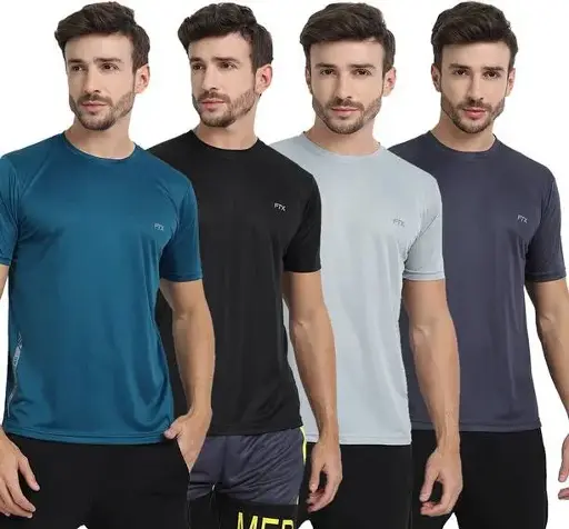 Pack of 4 Men Solid Round Neck Polyester Silver, Blue, Black, Grey T-Shirt